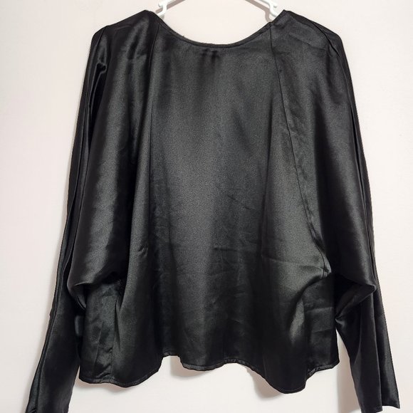 ASOS Tops - ASOS Black Satin Batwing Top Long Sleeve Blouse With Open Wrap Back Button
